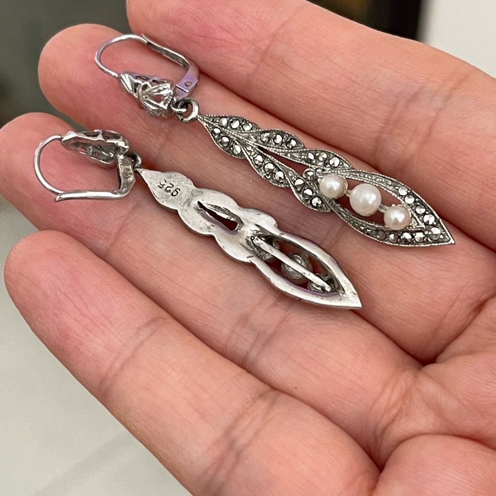 Antique pearl marcasite solid sterling silver earrings - Picture 6 of 6